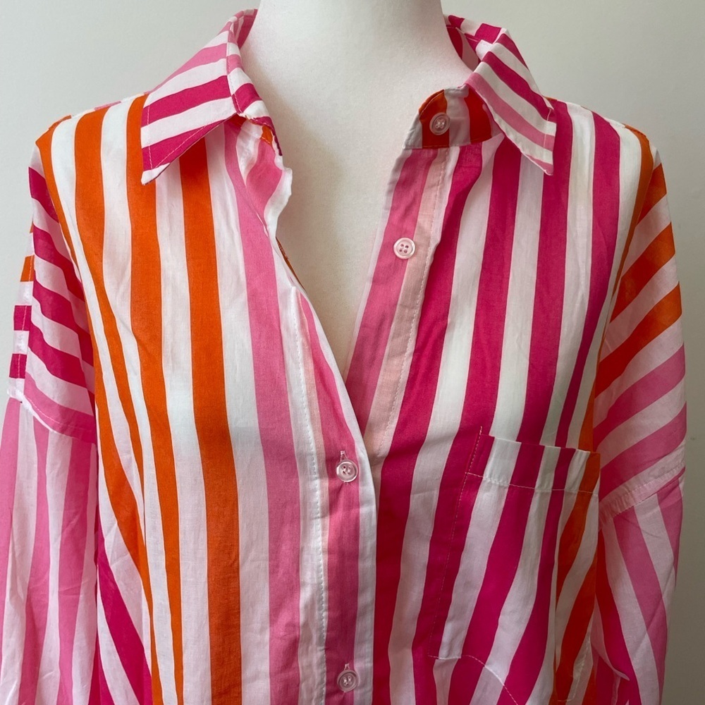 BEACH RIOT Alexa Stipe Top Button Up Coverup New Without Tag Pink Orange White - Picture 5 of 10